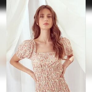 Storia Cream Floral Smocked Midi Dress with Pink and Green Accents